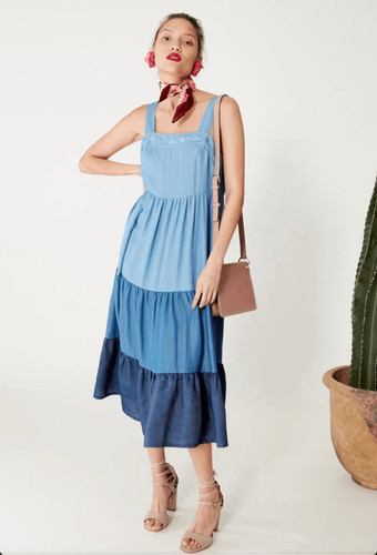 Abito midi Kate Spade Broome Street Chambrey XL blu a strati fumè floreale