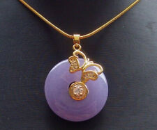 Lavender Purple Jade Gold Plated Imitation Diamond Butterfly Pendant Necklace
