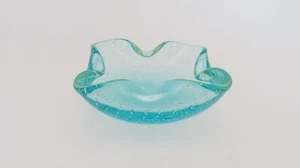 Vtg MURANO Aqua Blue Art Glass Bowl Ashtray Bulicante Bubbles Rolled Rim 6"Long - Imagen 1 de 20