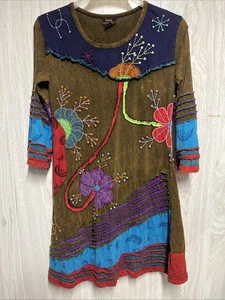 Vintage Rising International Kleid M 💯 Cotten Patchwork Applikation Y2KBoho Artsy Herbst - Bild 1 von 4