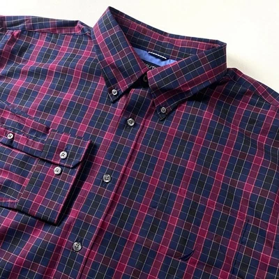 Camisa masculina xadrez Nautica com botões 2XL toda de algodão resistente a rugas azul vermelha - Imagem 1 de 4