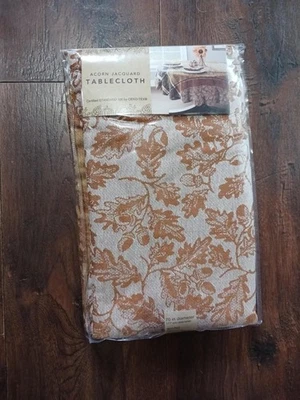 Acorn Jacquard Tablecloth Round 70in Diameter OEKO TEX Certified Seats 4 6 Brown - Image 1 of 4