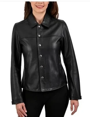 ¡NUEVO CON ETIQUETAS! Chaqueta de cuero genuino negra para mujer Frye Foto 1 de 4