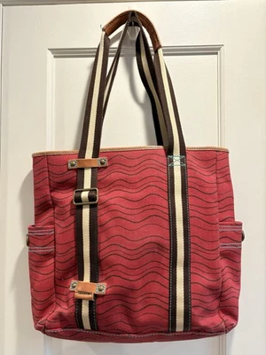 Bolso de Mano Vintage GAP 1969 Rojo Lona Marrón Doble Raya Asas Cremallera Cuero Foto 1 de 4