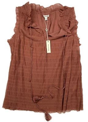Max Studio Women's Mesh Ruffle Split Neck Tie Front Tank in Cedarwood Size M NWT - Image 1 of 4
