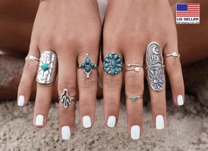 9-teiliges Set Retro Fingerring Mond Sonne Kaktus Türkis Totem Knöchel Schmuck 1893 - Bild 1 von 6