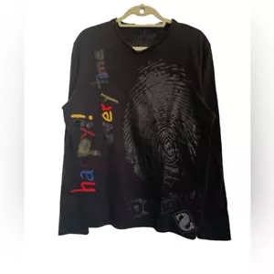 Desigual Y2K Black Long Sleeves Embroidered Happy Tee Top Size M - Picture 1 of 7
