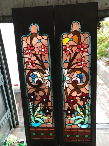 Kr 1 Antique Pair Jeweled Floral Sidelight Windows 17.5 X 65.5 Stained Glass Cover
