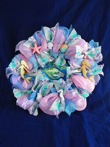 Criss Cross Poof Deco Mesh Mermaid Ribbon Wreath - Picture 1 of 9