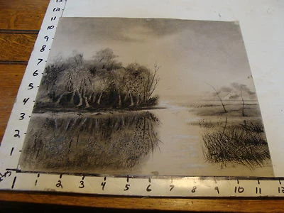 Obra de arte original temprana: escena de agua con pájaros, casa distante blanco y negro Foto 1 de 4