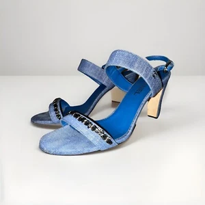 Chanel Womens Denim Interlocking CC Logo Slingback Sandals Chained Blue Size 41 - Picture 1 of 14