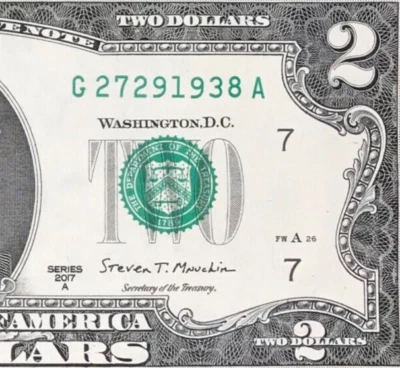 G 2729 1938 A : TRAILING YEAR 1938 $2 Two Dollar Bill Serial Number - Image 1 of 3