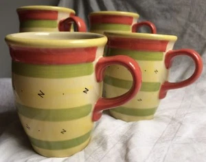 Set Pfaltzgraff Pistoulet Mugs Cups Stripes Coffee Green Yellow Ceramic Red 2002 - Picture 1 of 7