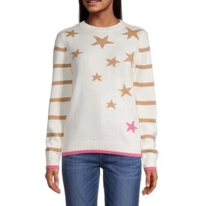 Suéter Pullover St John's Bay Talla Mediana Estampado de Estrellas Manga Rayas Rosa Crema - Imagen 1 de 7