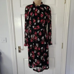 M&S Floral Lace Dress Size 8 Black & Red Lined High Neck Velvet Tie Neck - Picture 1 of 16