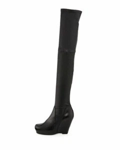 NEW $1925 RICK OWENS 39 US 8 BLACK STRETCH LEATHER THIGH HIGH WEDGE BOOTS - Picture 1 of 4
