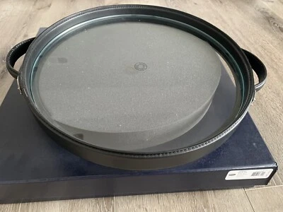 NOS AUTHENTIC RALPH LAUREN HENLEY 15” ROUND BLACK LEATHER & TEMPERED GLASS TRAY - Image 1 of 4