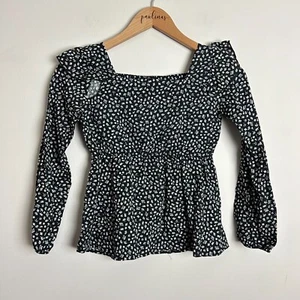 Neu mit Etikett Persaya Mädchen Oberteil Medium schwarz Blumenmuster Arielle Langarm Rüschenshirt M - Bild 1 von 5