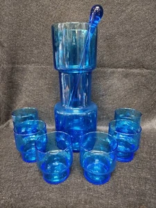 Mid Century Modern Italian Handblown Blue Glass Pitcher Cocktail Set w/ Stirrer - Picture 1 of 7