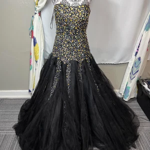 Jovani black with rhinestone and sequin embellished tulle ball gown dress formal - Picture 1 of 11
