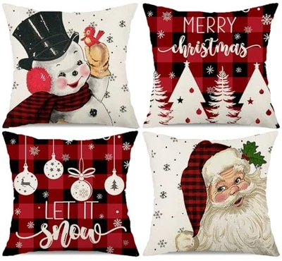 Red Christmas Pillow Covers 18x18 Set 18" x 18" (Pack of 4) Christmas Red Plaid - Image 1 of 4