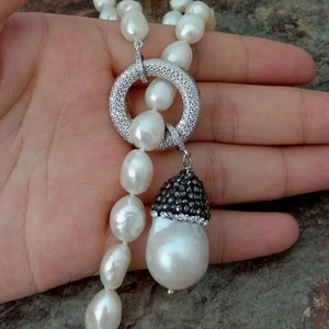 White Baroque Loop Necklace Keshi Pearl CZ Pendant 40" - Picture 1 of 4