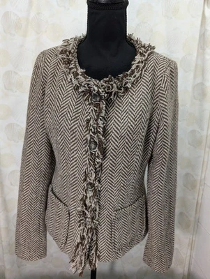 Cynthia Rowley M Tweed Blazer Jacket Button Up Pockets Fringe Trim Career - Image 1 of 4