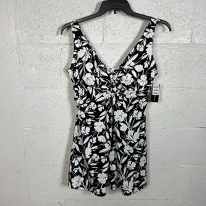 Island Escape Women's Magnolia Twist-Front Swimdress, Island Bloom Black, 16 - Picture 1 of 13