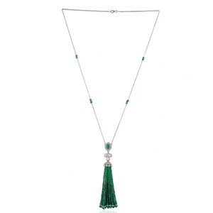 Tassel Necklace 18K White Gold Diamond Emerald Gemstone Handmade Fine Jewelry - Picture 1 of 6