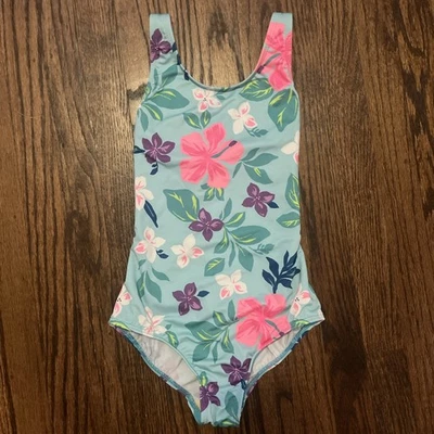 LANDS' END Girl's Aqua Tropical One-Piece Floral Swimsuit UPF 50 Size 7 - Image 1 of 4
