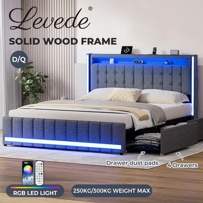 Levede Double Queen Bed Frame Headboard RGB LED Lights 4 Drawer USB Charge - image 1 of 4