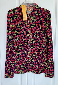 NWT Tory Burch size Medium navy cherry jam Langley silk button front top $250 - Picture 1 of 3