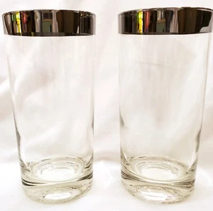 Set of 2 Clear Glass HIGHBALL TUMBLERS with Silver Band 5.625" high MCM barware - Picture 1 of 5