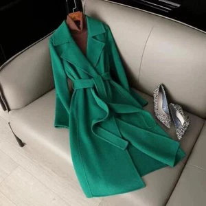 Womens Outwear Slim Belt Trench Fit Wool Blend Lapel Collar Winter Warm Overcoat - Picture 1 of 24