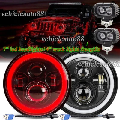 Red Halo 7'' LED Headlights 4" Work Lights Combo fit Jeep Wrangler JK JKU 07-17 - Image 1 of 4