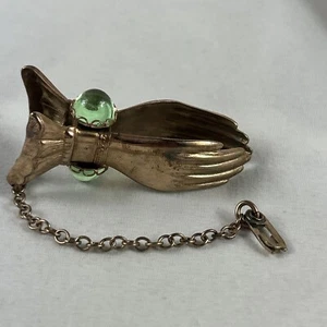 Praying Hands Tie Clasp Hinged Clip With Chain Light Green Stone Gold Tone Rare - Picture 1 of 7