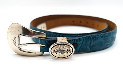 Justin Belt Womens 30 Tooled Leather Turquoise Teal Cowhide Silver Tip USA 1993 - Image 1 of 4