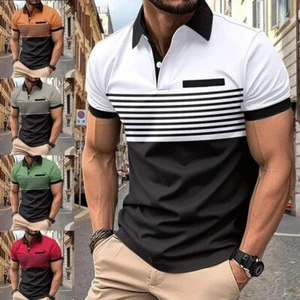 Mens Polo Shirt Colorblock T Shirts Men Short Sleeve Casual Slim Fit Golf Tops - Picture 1 of 15