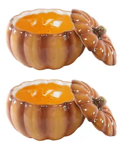 Ebros Home And Kitchen Orange Ceramic Pumpkin Soup Or Dessert Bowl Set Of 2 - Picture 1 of 10