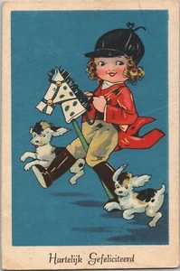 Girl With Toy Horse And Dogs Vintage Postcard 04.16 - Picture 1 of 2