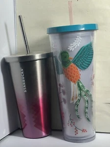 Starbucks Trinkbecher-Set im Ruhestand Stahl rosa Diamantenlandschaft & Quetzal Vogel Menge 2 - Bild 1 von 7