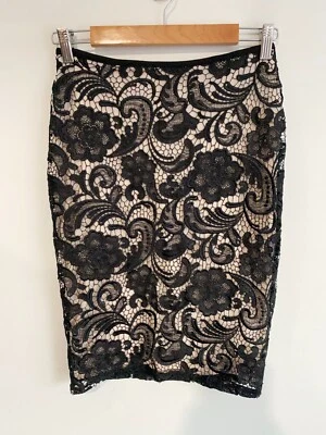 H&M Skirt Womens XS Black Beige Lace Floral Straight Pencil Zip Lined Work Comfy - Image 1 of 4