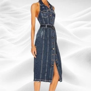 Retrofete Logan Belted Denim Midi Halter Dress Size Small Button Shirtdress - Picture 1 of 10
