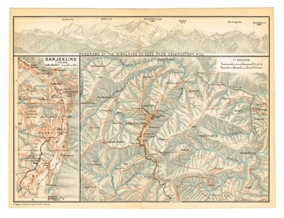 Darjeeling  1914  INDIA  ANTIQUE ORIGINAL  MAP  HIMALAYA Panorama Hindustan - Image 1 of 4