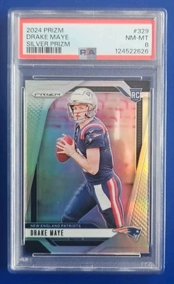 2024 Panini Prizm Drake Maye Silver Rookie RC #329 PSA 8 New England Patriots - Image 1 of 4