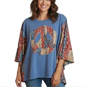 Blau Samt Damen Top Peace Patchwork Print S/M Bohemian Hippie Kimono Poncho - Bild 1 von 15