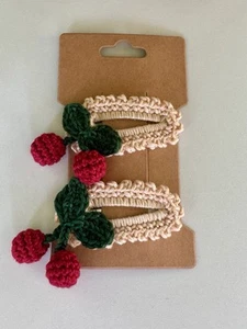 2x Handmade Crochet Cherry Hair Clips – Cute Red & Green Design, 7 cm – Set of 2 - Picture 1 of 13