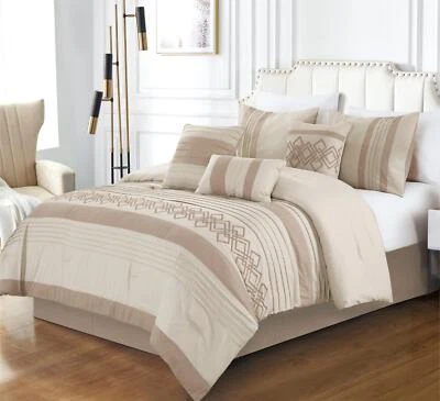 Luxury 7-Piece Taupe Bedding Set Geometric Embroidered Striped Comforter Set - Image 1 of 4