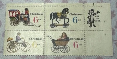 1970 Christmas Toys 6 Cent 6c Stamp Block of 4 Scott #1415-1418 With Postman - Image 1 of 2