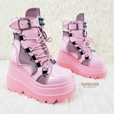 DEMONIA Shaker 60 Baby Pink Patent Platform 4.5" Wedge Heel Cyber Ankle Boots — 第 1/4 张图片